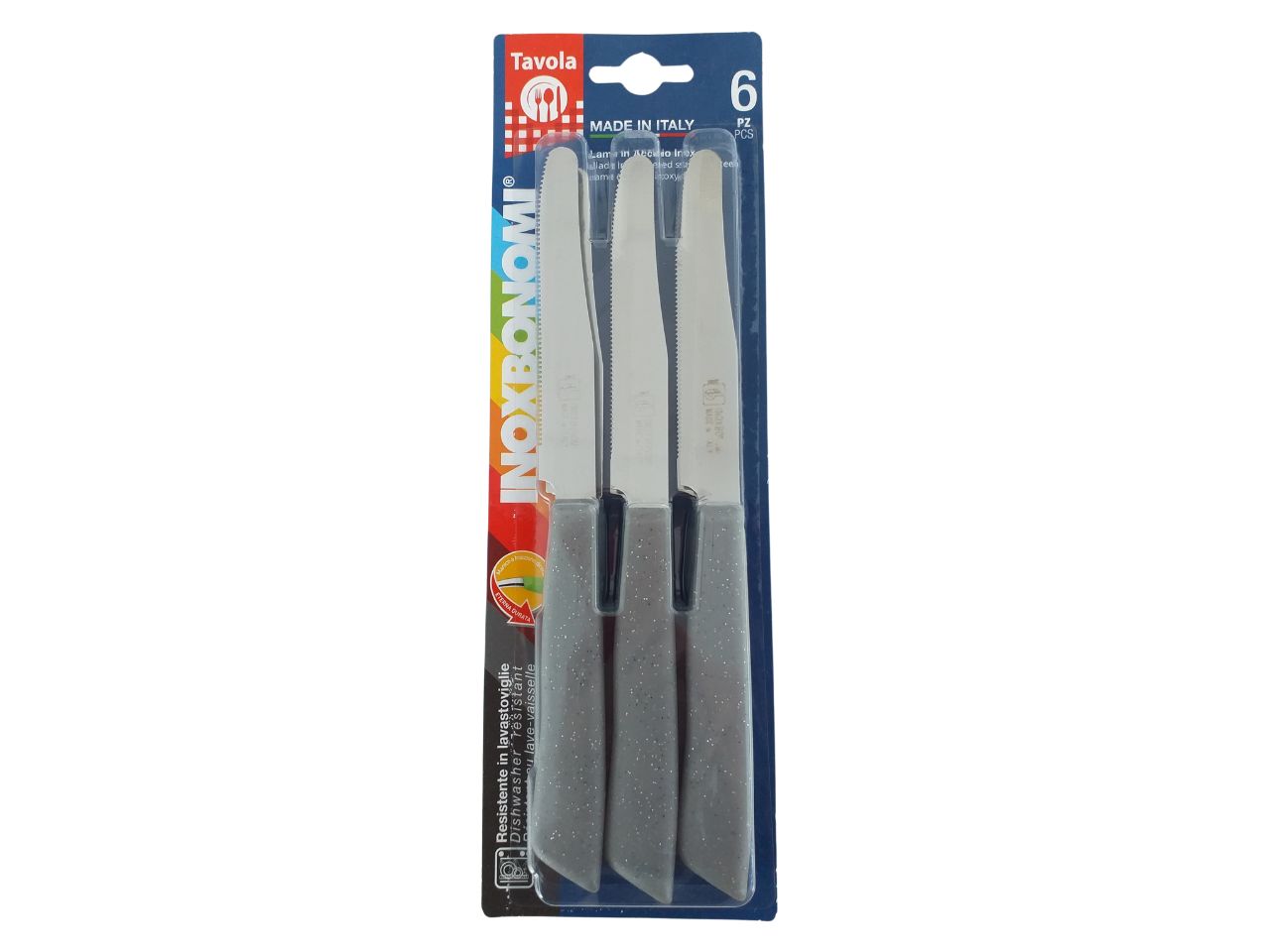 Set 6 coltelli da tavola colore grigio pietra con lama in acciaio inossidabile e manico in plastica  Inoxbonomi