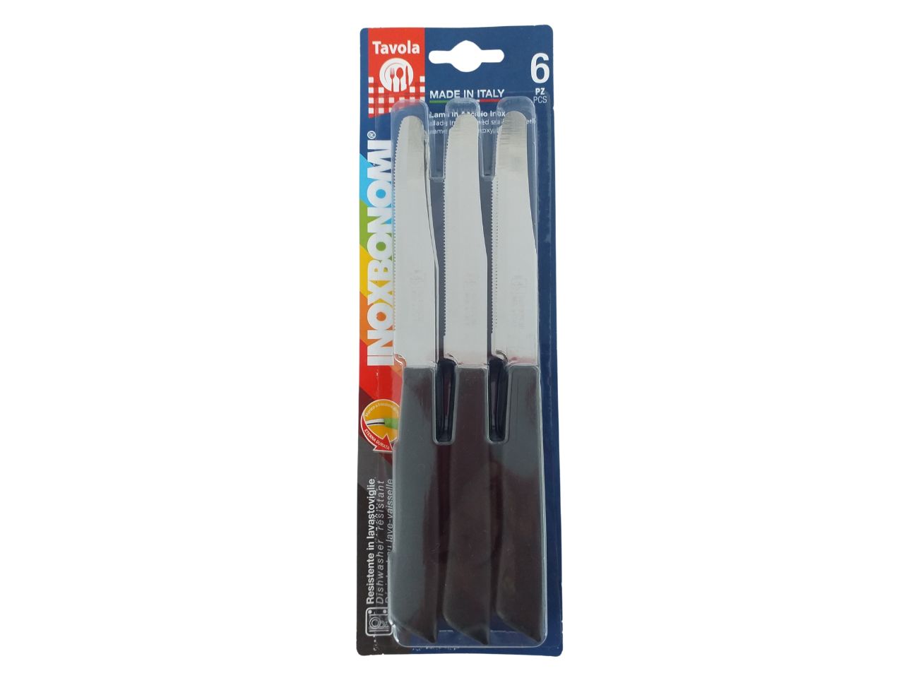 Set 6 coltelli da tavola con lama in acciaio inossidabile e manico nero in plastica - Inoxbonomi