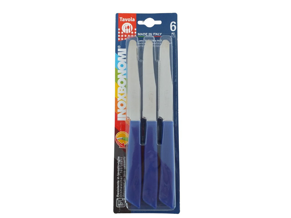 Set 6 coltelli da tavola con lama in acciaio inossidabile e manico blu in plastica - Inoxbonomi