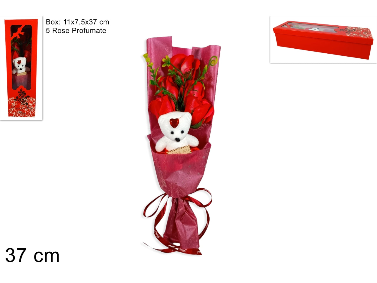 Mazzo rose profumate con orsetto in scatola regalo