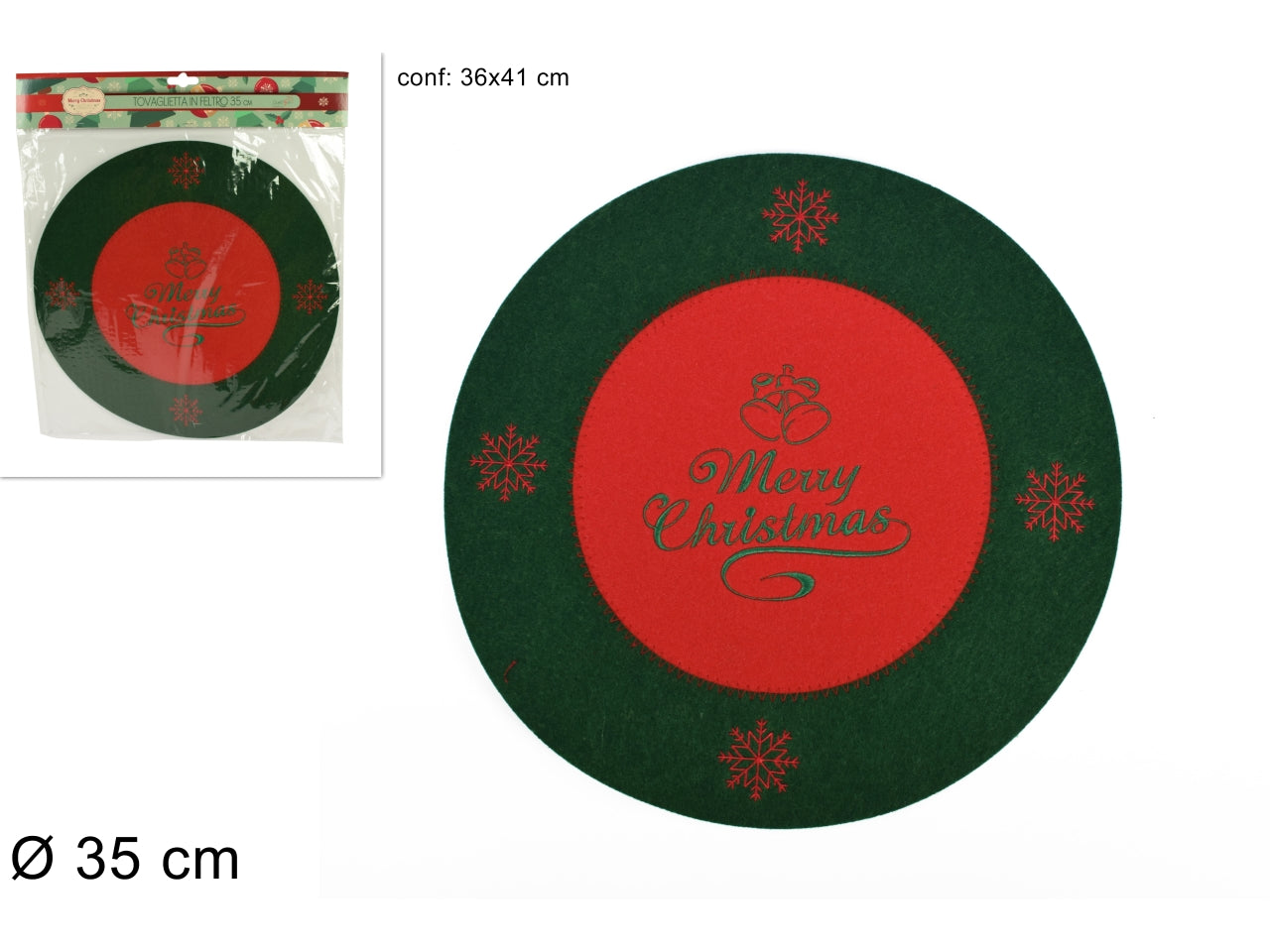 Tovaglietta tonda in feltro 35cm merry christmas verde