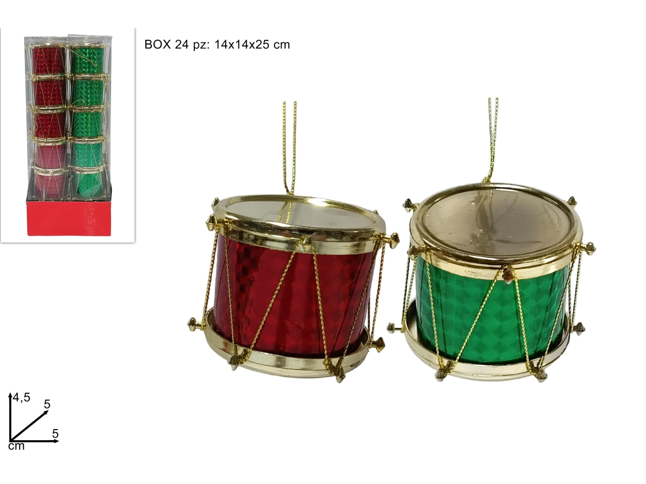 Appendini tamburi 5cm set 24pezzi rosso/verde