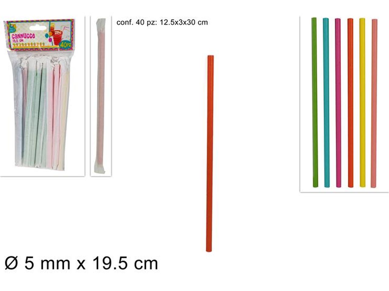 Cannucce carta colorate imbustate in 6 colori assortiti. confezione da 40 cannucce