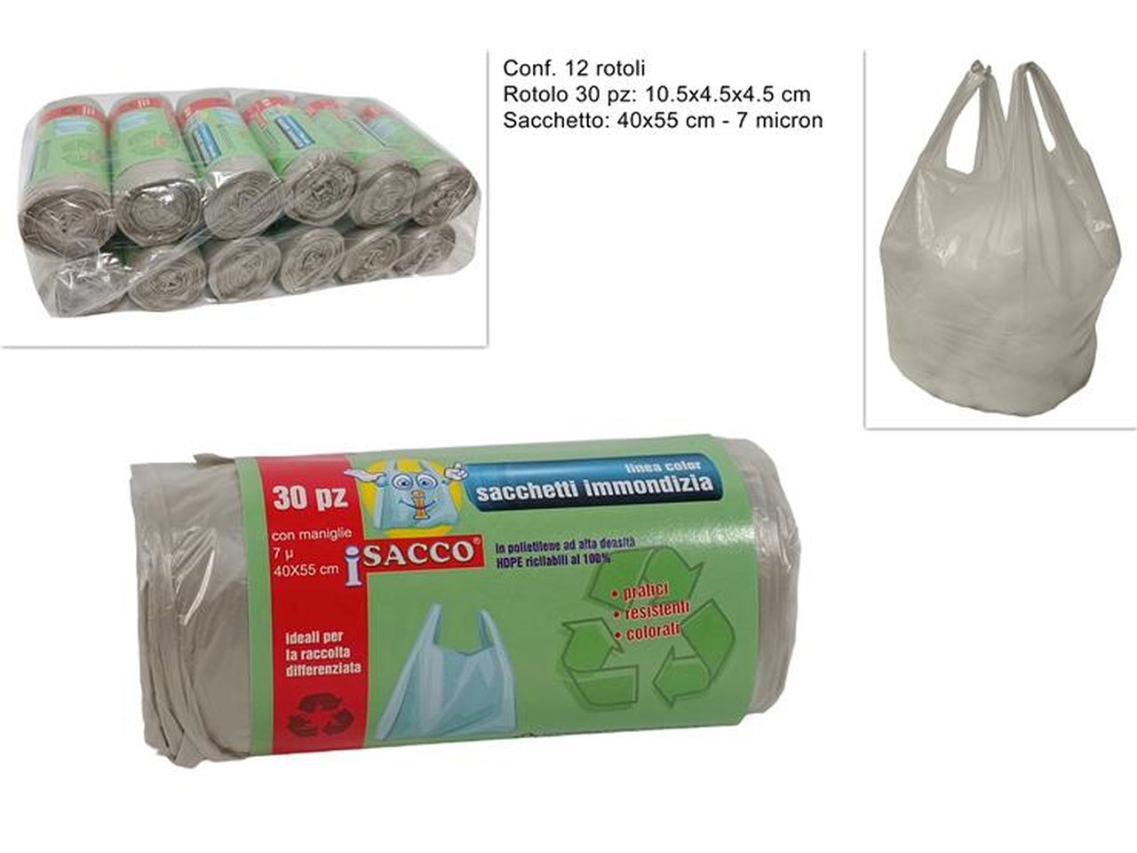 Sacchetti rifiuti con maniglie 40x55cm beige - il rotolo Ã¨ composto da 30 sacchetti