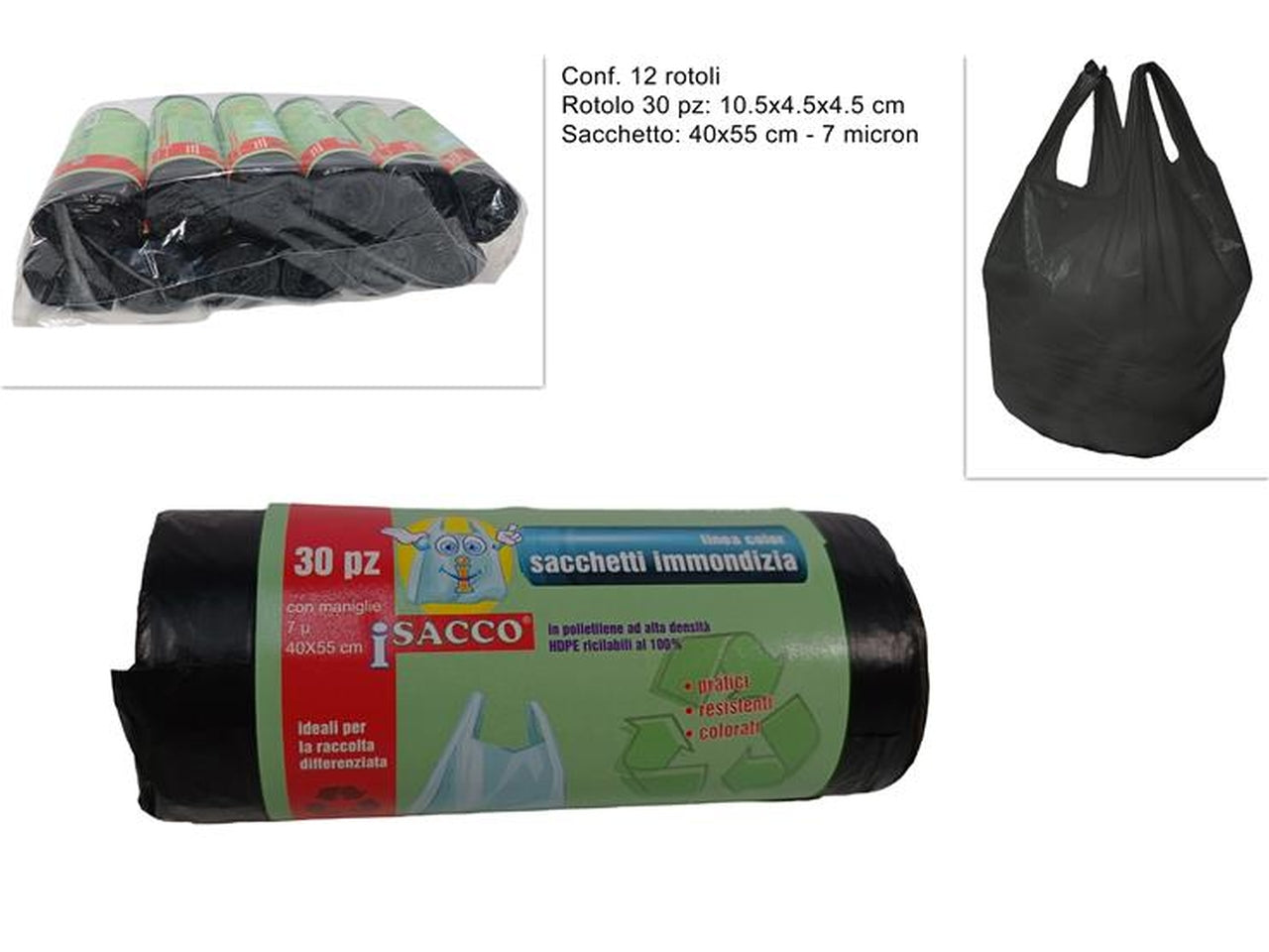 Sacchetti rifiuti con maniglie 40x55cm nero - il rotolo Ã¨ composto da 30 sacchetti