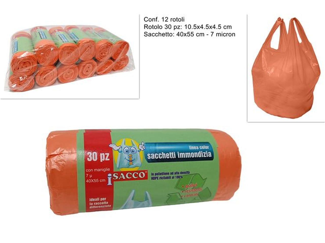 Sacchetti rifiuti con maniglie 40x55cm arancione - il rotolo Ã¨ composto da 30 sacchetti