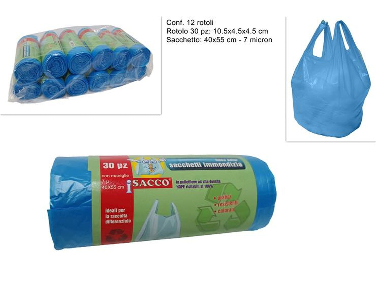 Sacchetti rifiuti con maniglie 40x55cm blu - il rotolo Ã¨ composto da 30 sacchetti