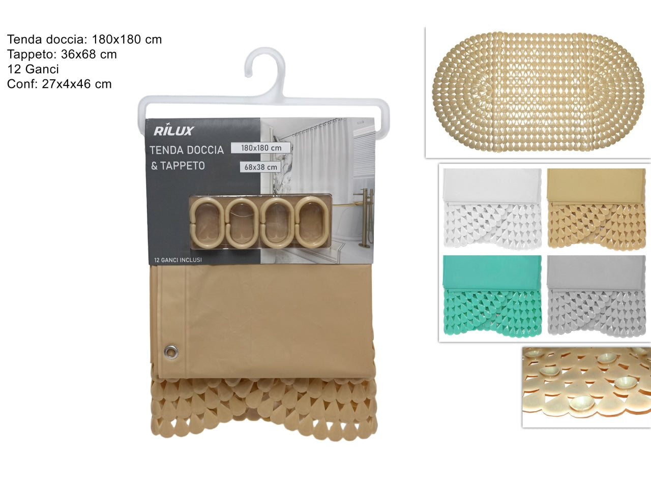 Tenda doccia 180x180cm + tappeto 68x38cm