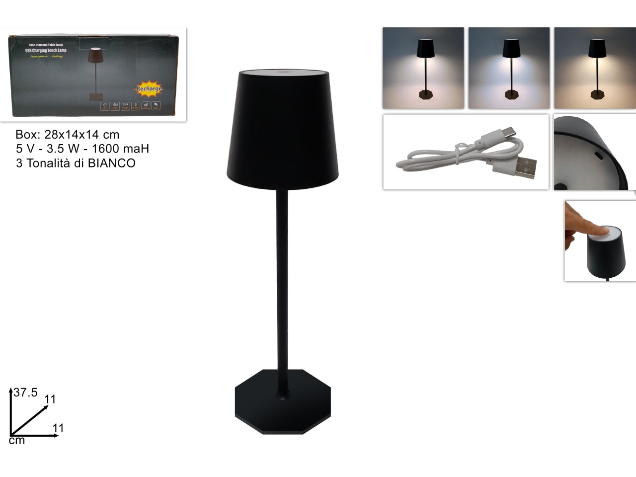 Lampada da tavolo a led ricaricabile touch nero