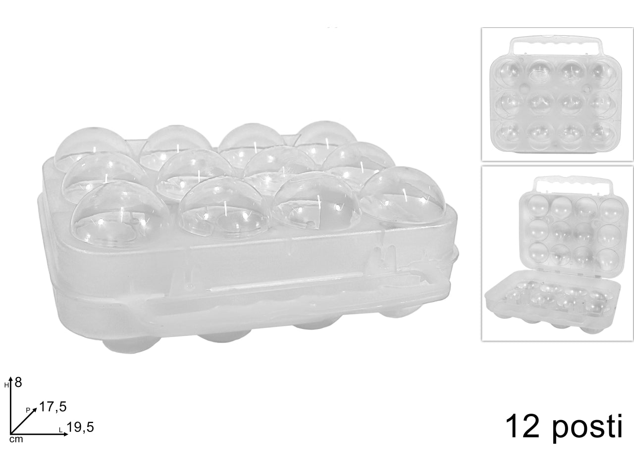 Porta uova trasparente 12 posti in plastica con chiusura a clip 19,5x17,5x8 cm - Due Esse
