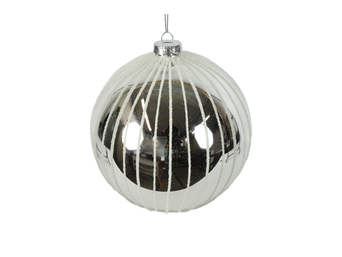 Palla di natale in vetro lucida argentata con striature verticali glitter Ã12 cm - Countryfield
