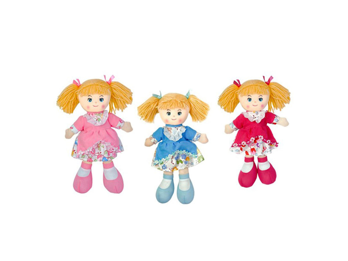 Bambola in pezza  vestito fiori e grembiulino 30cm in 3 colori