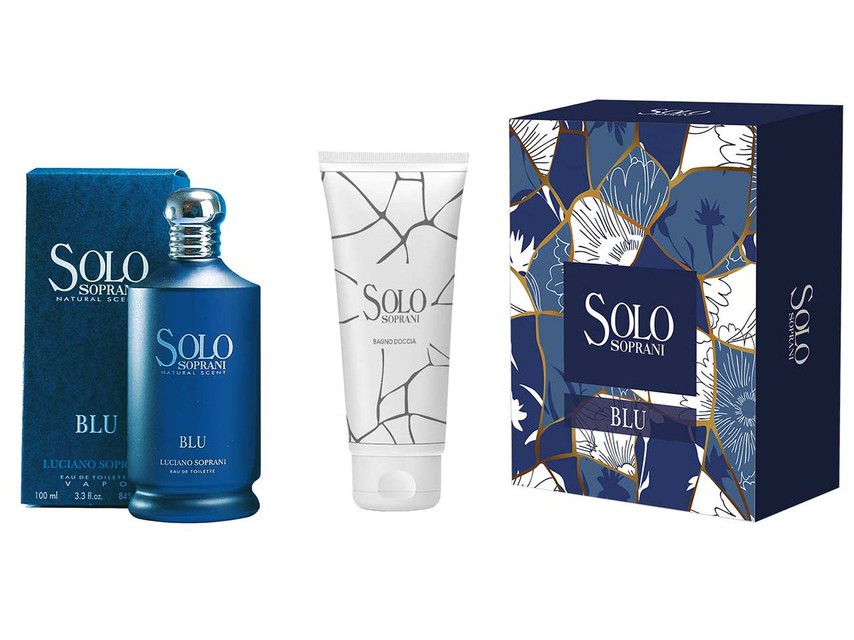 Luciano Soprani solo blu, confezione con edt 100ml + gel doccia 200ml