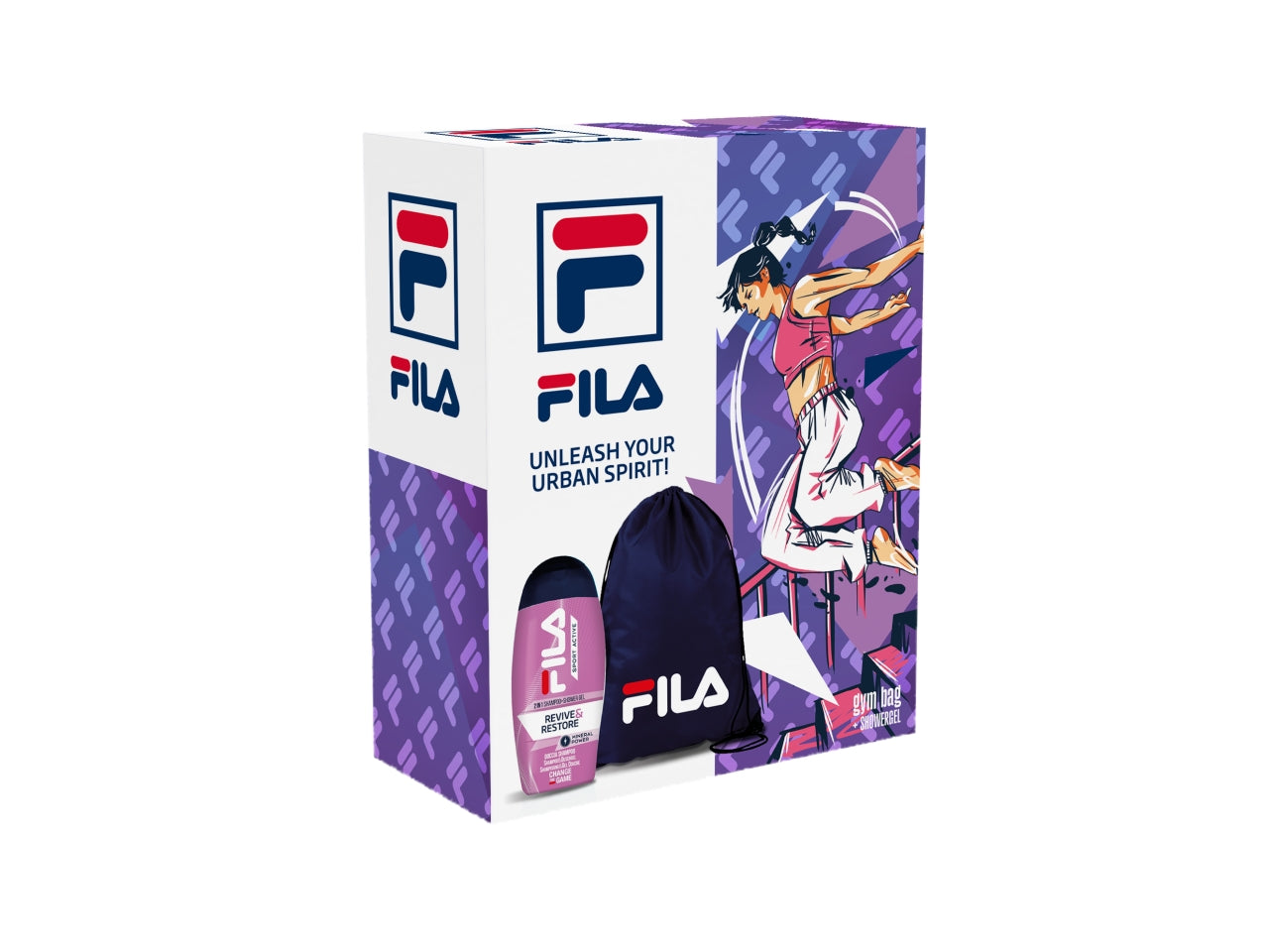 Fila donna, confezione con gel doccia revive & restore 250ml + gym bag