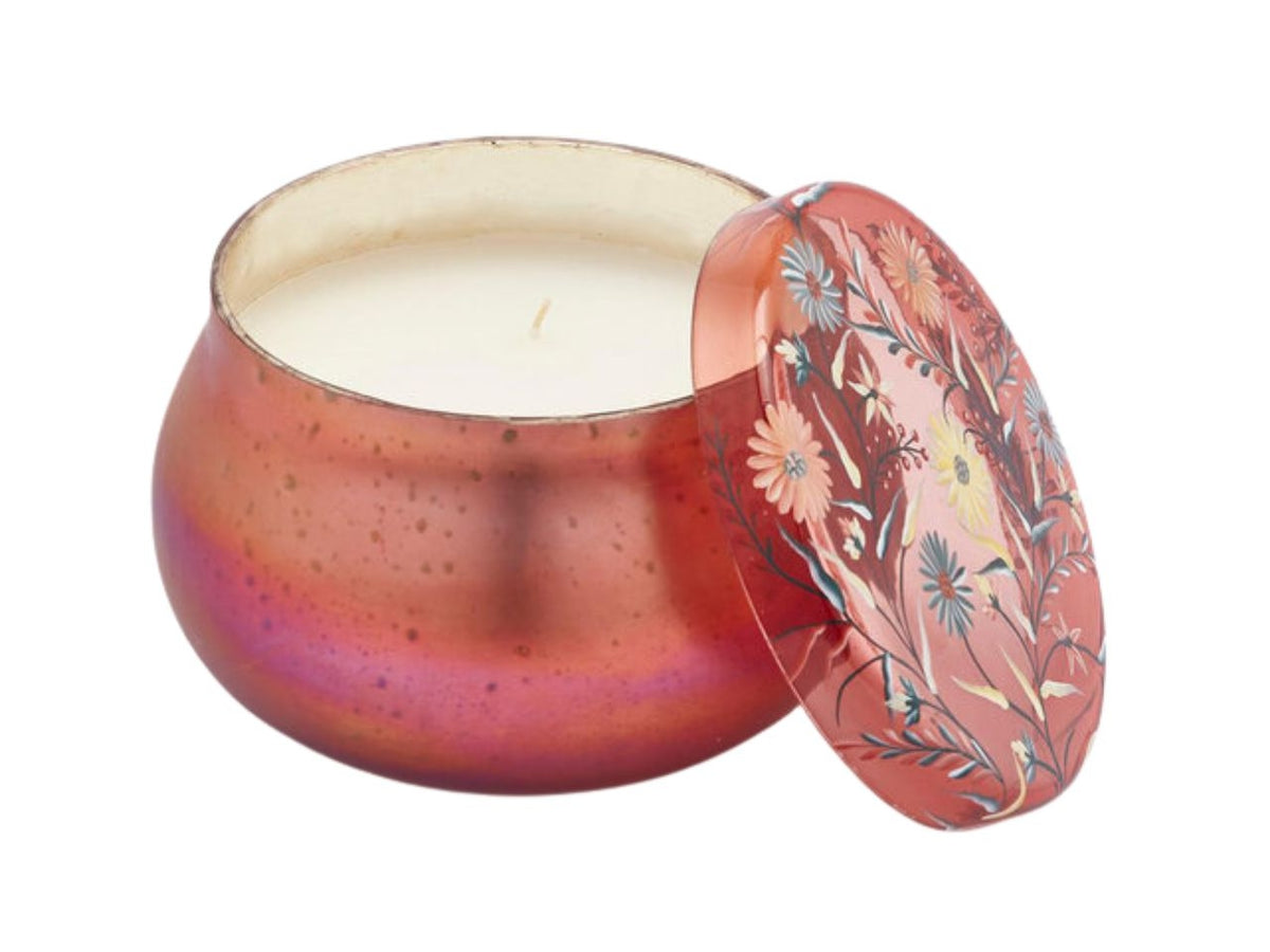Candela in barattolo profumazione oud, rossa con coperchio in vetro con fiori dipinti a mano, stile art dÃ©co, 80 ore - 15x10 cm - Enzo De Gasperi