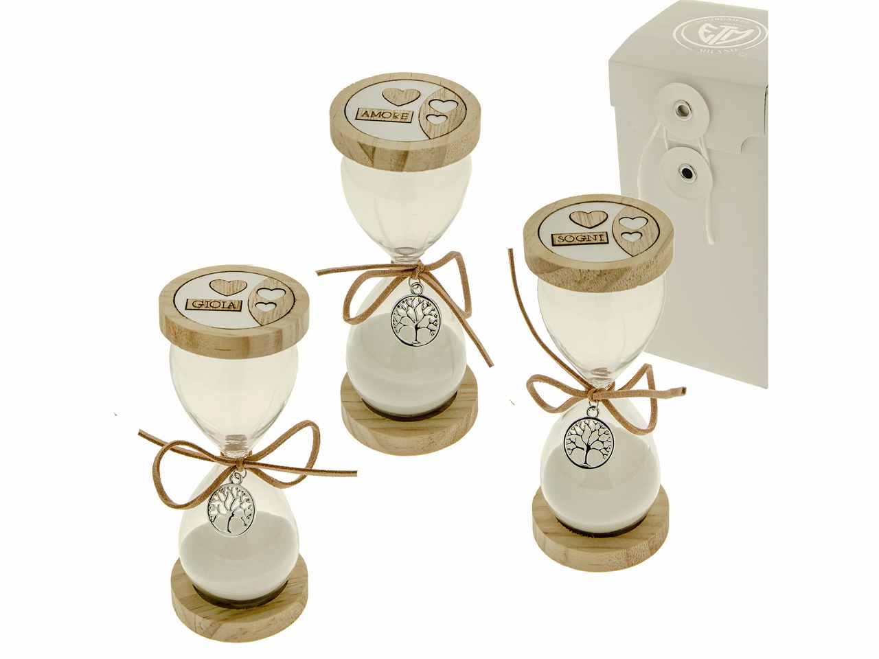 Clessidra in vetro, legno e zama in 3 assortimenti h13cm