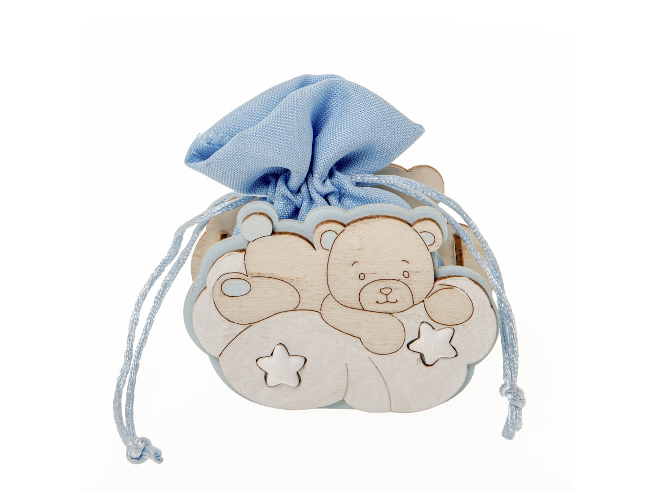 Sacchetto orsetto con stelle in legno e poliestere misura 9cm colore cielo