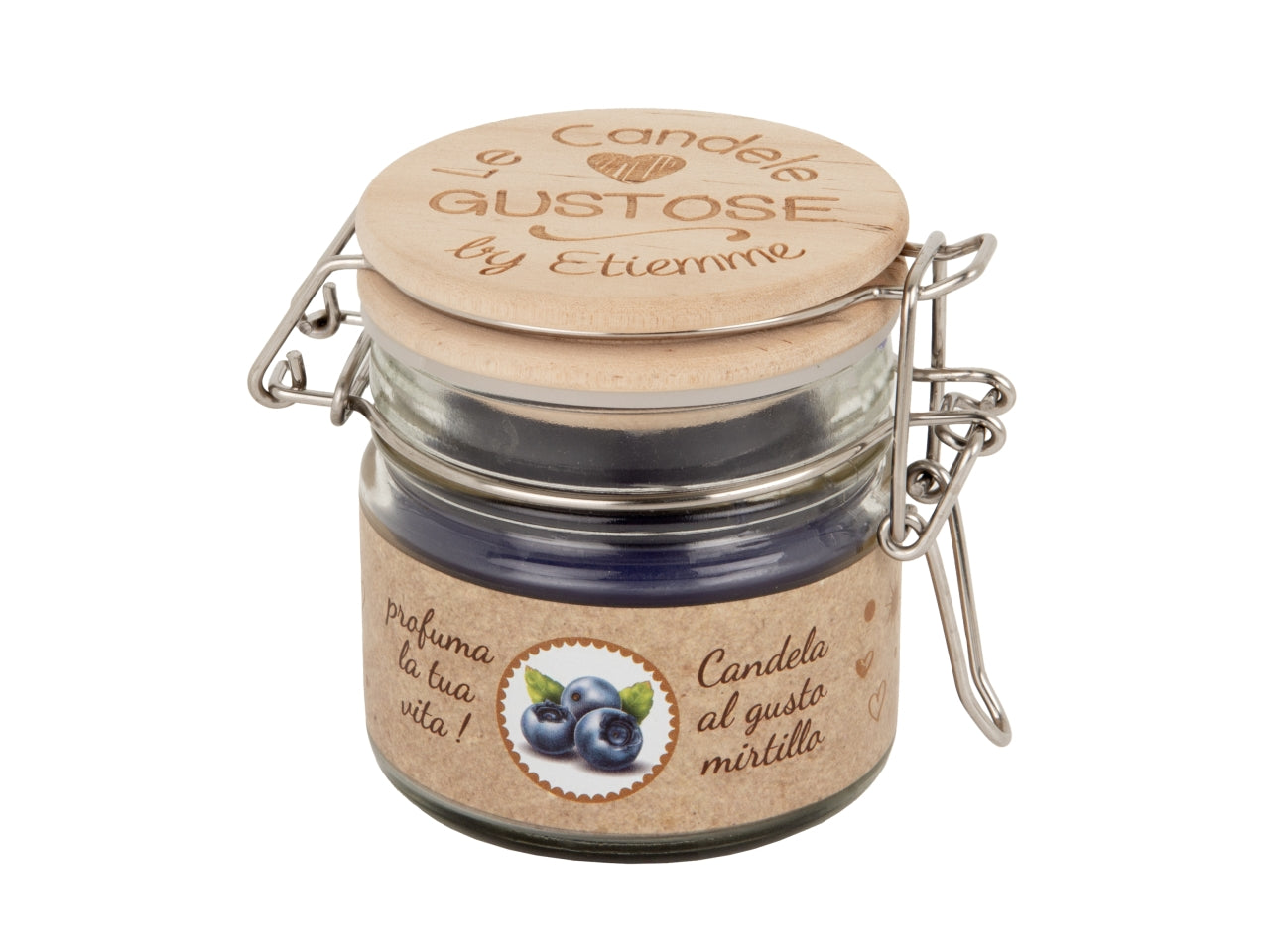 Candela h.7,5cm in barattolo di vetro al profumo di mirtillo