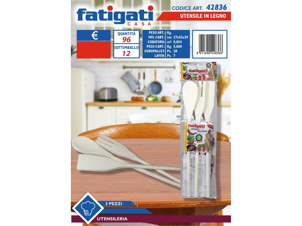 Cucchiai da cucina in legno naturale, 30 cm, set di 3 pezzi - Fatigati