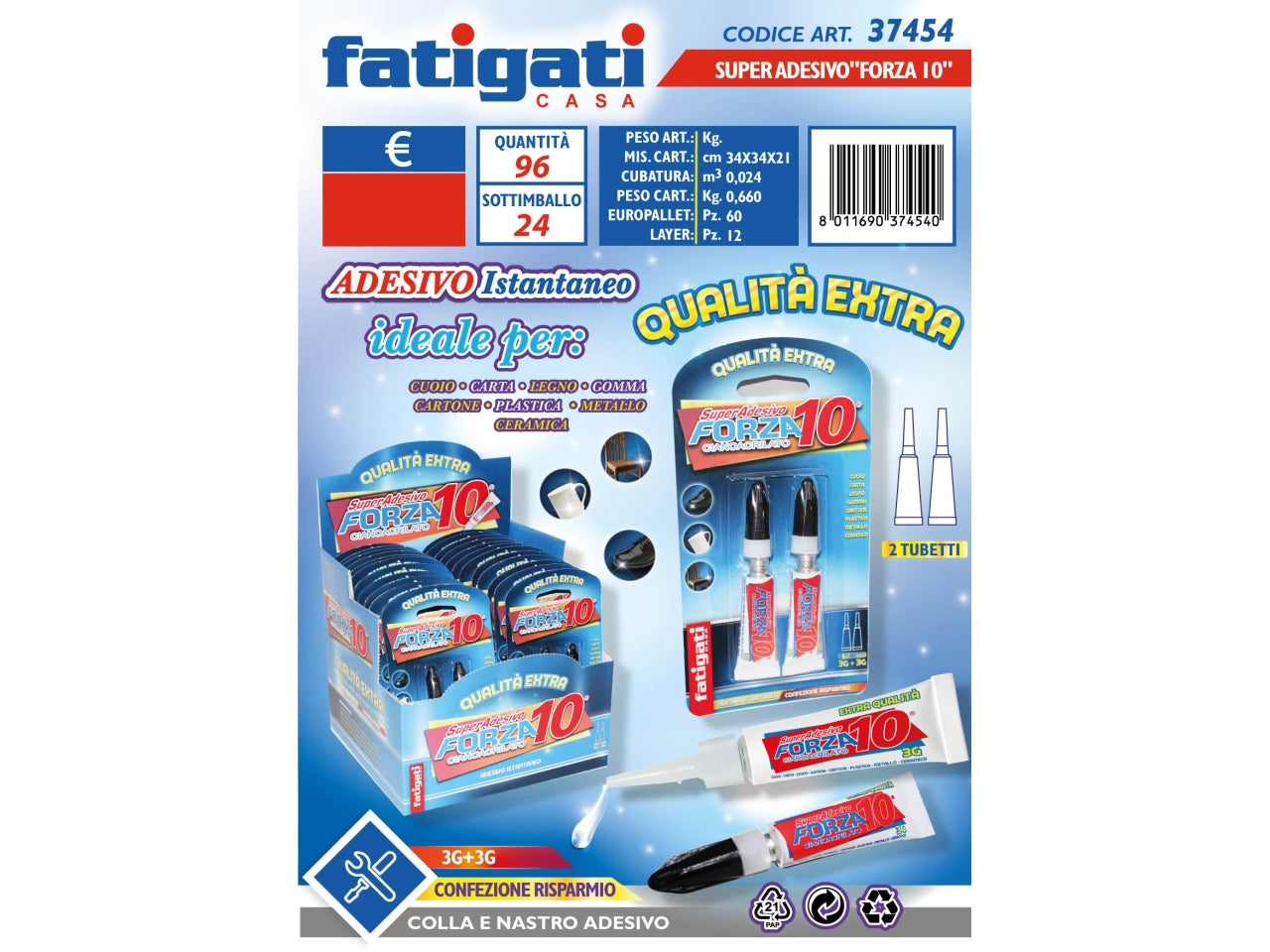 Colla super adesivo forza 10, tubetti da 3gr trasparente, cianoacrilato con applicatore a beccuccio - Fatigati