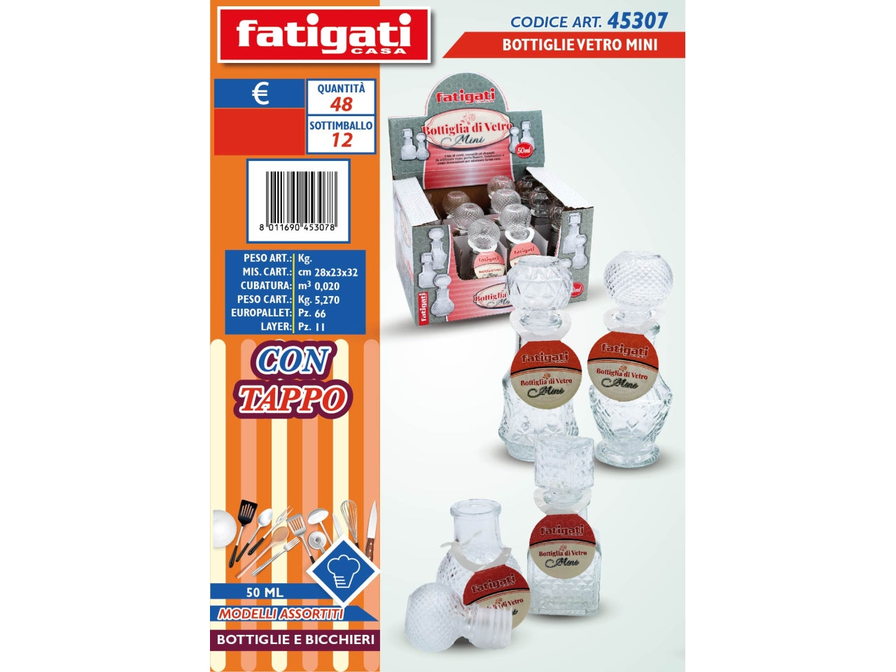 Mini bottiglia di vetro trasparente per liquore con tappo da 50 ml vintage - Fatigati