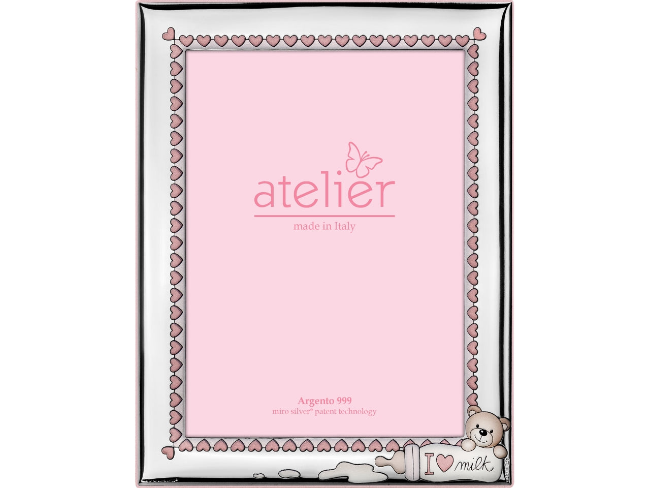 Cornice portafoto in argento bomboniera nascita bimba rosa - argento 999 con cuori, biberon e orsetto, 9x13cm, per evento nascita e battesimo, packaging in scatola regalo - Atelier