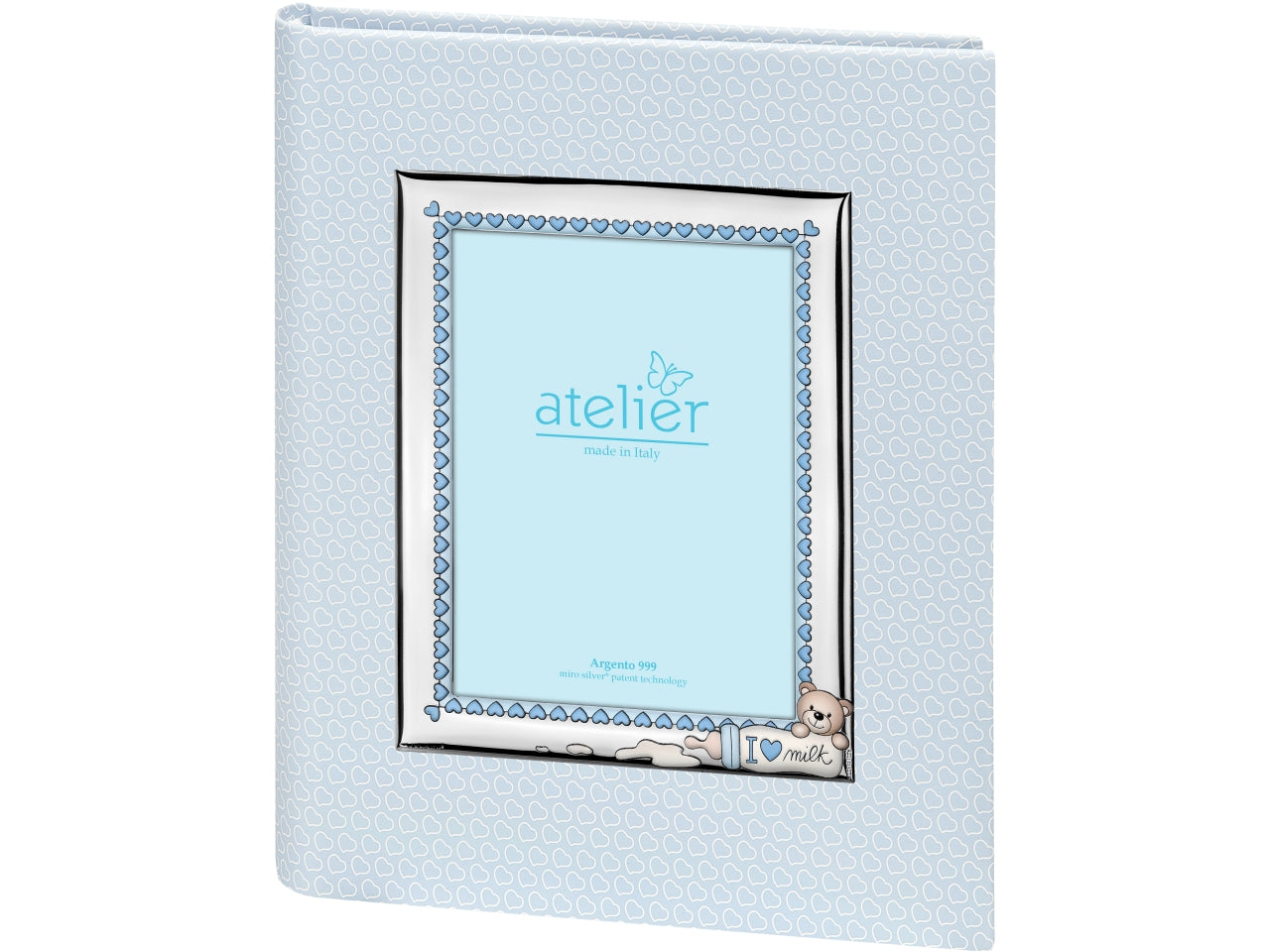 Album con cornice portofoto in argento celeste bomboniera nascita bambino, similpelle e argento con cuori, biberon e orsetto, stile kids per nascita e battesimo - 20x25 cm, portafoto 9x13 cm - Atelier