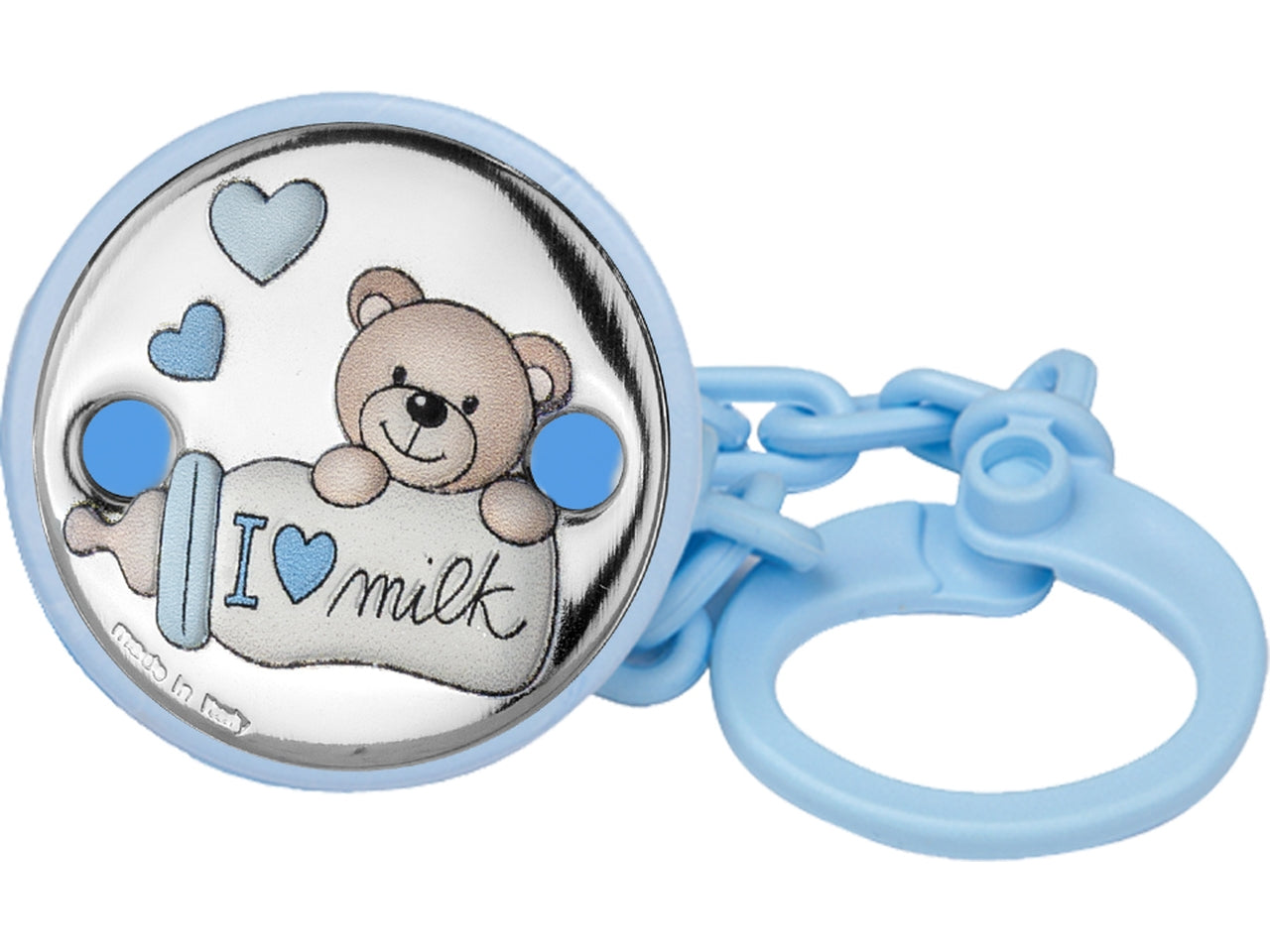 Catenella portaciuccio in argento, celeste bomboniera nascita maschietto, con dettagli di orsetto, biberon e cuoricini - packaging in scatola regalo - 20x4cm - Atelier