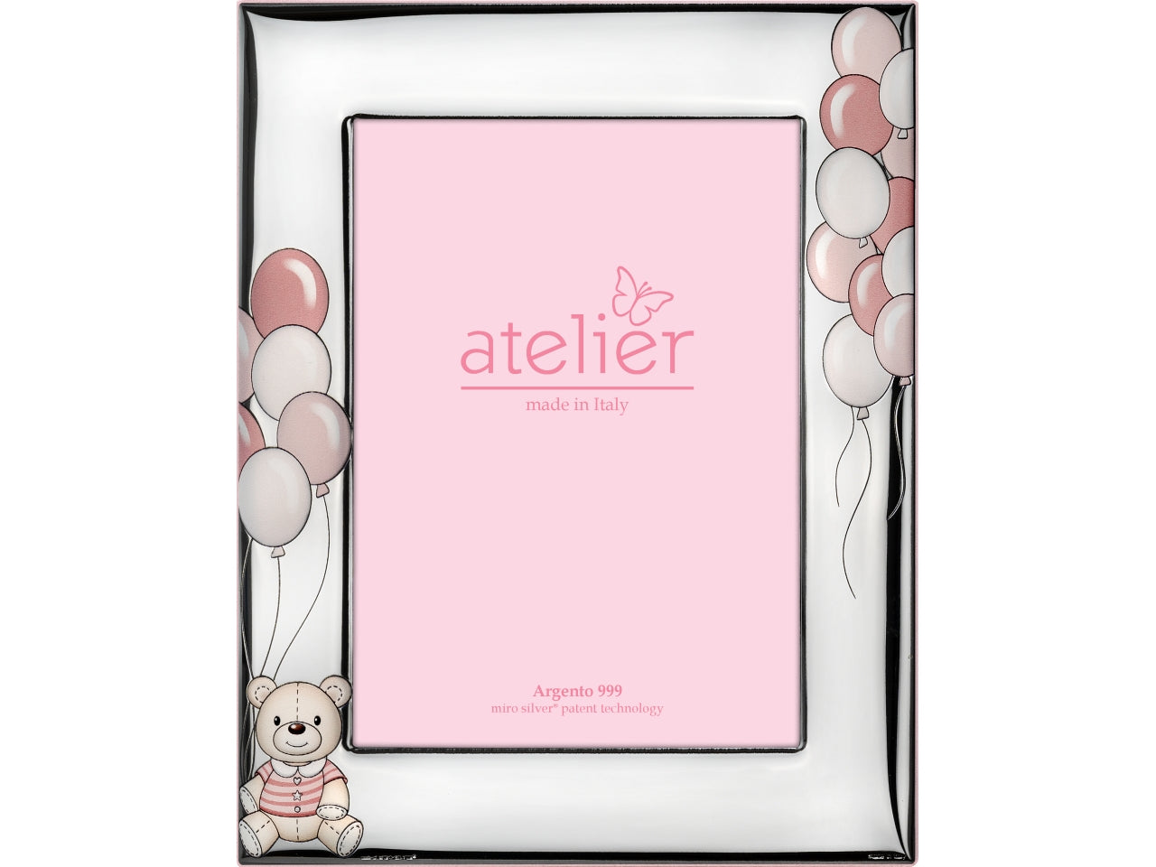 Cornice portafoto in argento, bomboniera nascita bimba con orsetto e palloncini a rilievo - packaging scatola regalo - materiale argento 999 - evento nascita e battesimo - stile kids - 9x13cm - Atelier