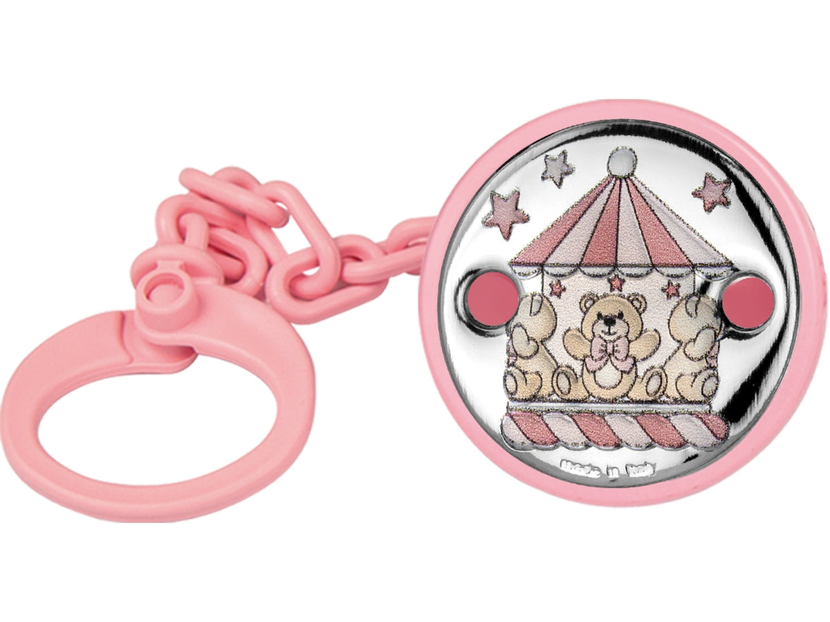 Catenella portaciuccio rosa bomboniera nascita bimba, in plastica e argento con orsetto e giostrina, stile kids, per nascita e battesimo - 20x4 cm - Atelier