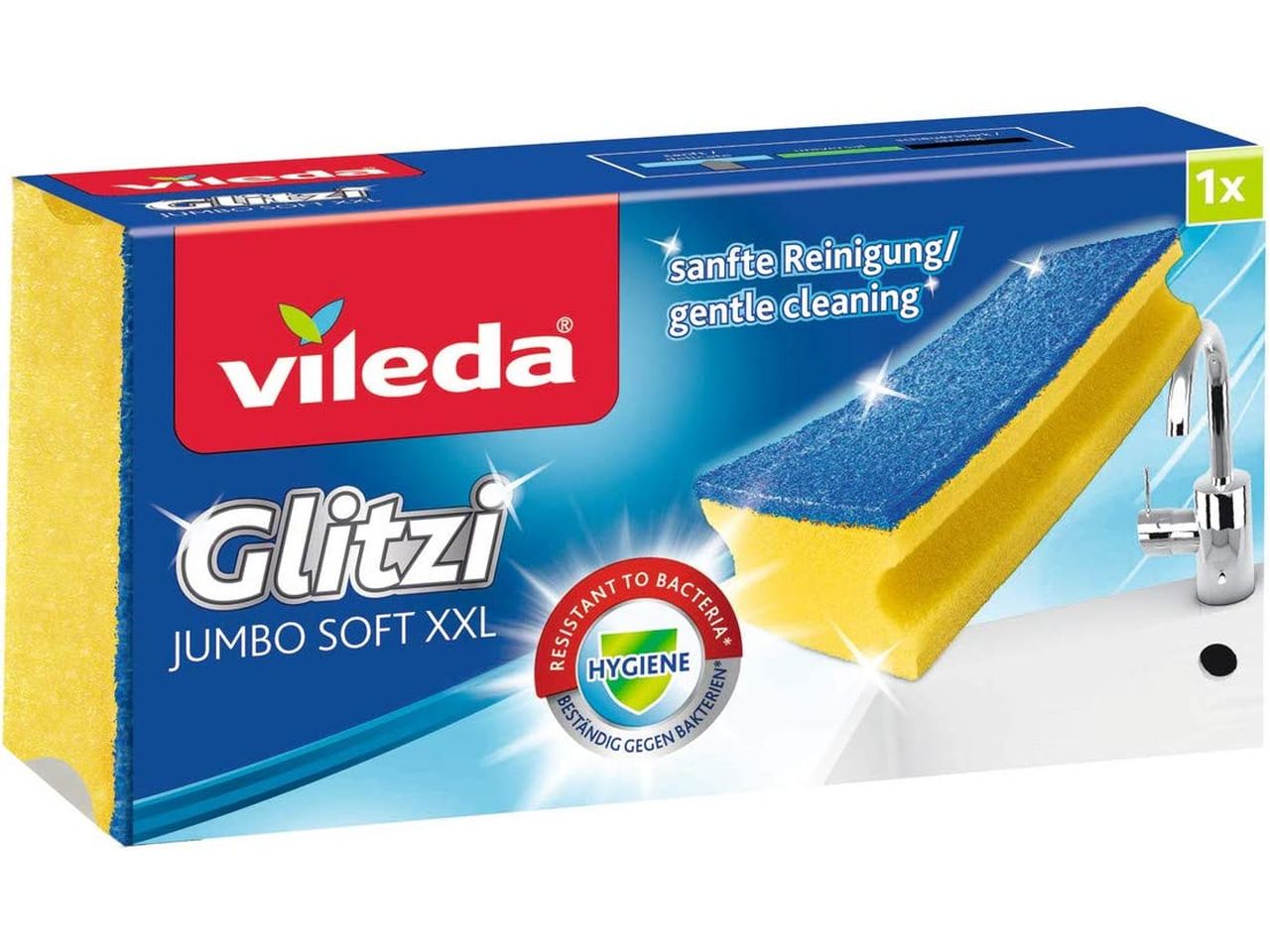 Spugna Glitzi Soft XXL ottima per la pulizia del Bagno, con Trattamento Antibatterico, Assorbente, Salvaunghie, Maxi formato XXL - Vileda