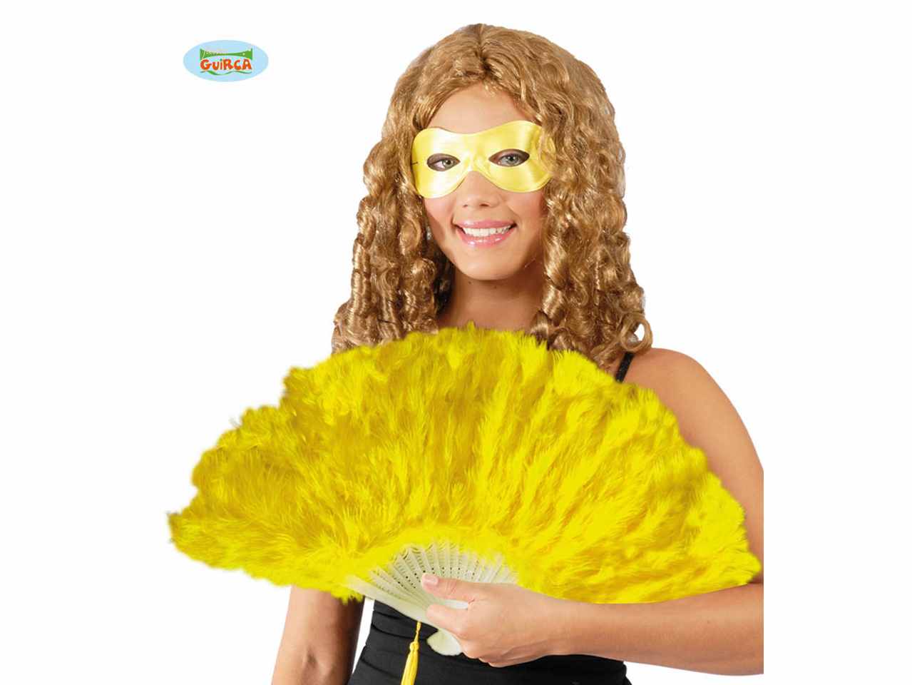 Ventaglio giallo in piume con montatura in plastica