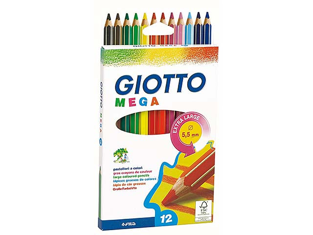 Pastelli mega Giotto esagonali, fusto dello stesso colore della mina, 12 pezzi  colori assortiti  diametro mina 5.5mm