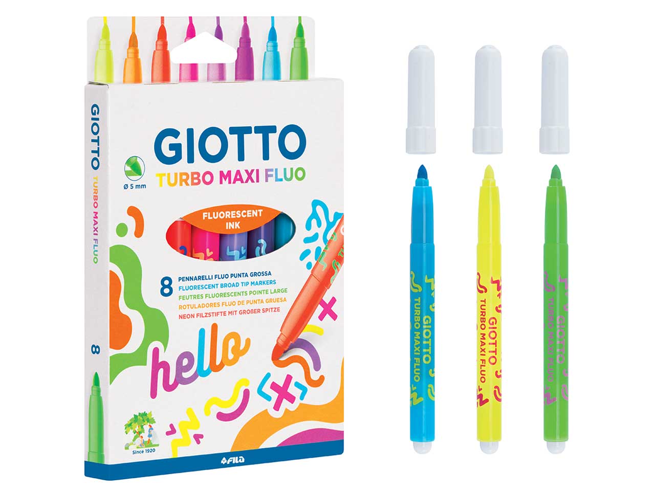 Pennarello formato MAXI, facile da impugnare, punta grossa diametro 5 mm. Inchiostri innocui, lavabili dalle mani e dai tessuti in lavatrice 40 Â°C. Cappuccio ventilato e tappo di sicurezza bloccato. Punta antirientro in fibra, super resistente.