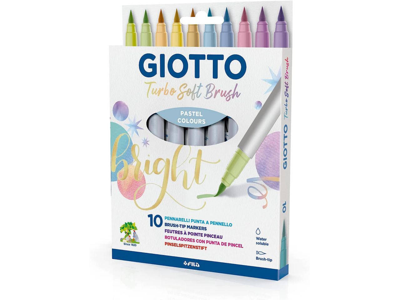 Giotto Turbo Soft Brush, Pennarelli con punta a pennello, punta solubile all'acqua, colori pastello assortiti, 10 pezzi