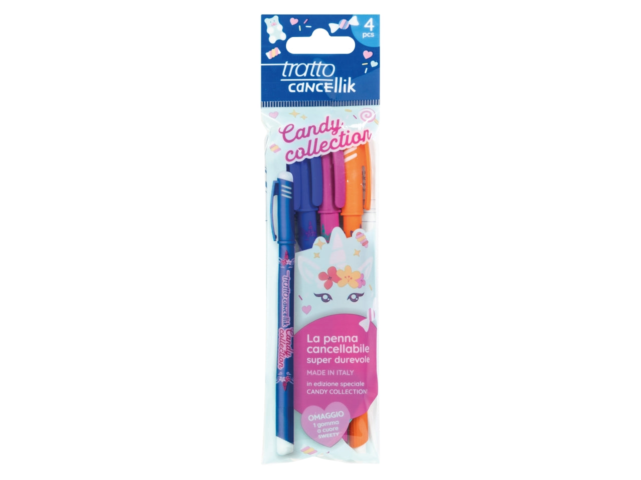 Penna cancellabile a sfera tratto cancellik candy collection, 4 penne assortite - made in Italy - Fila