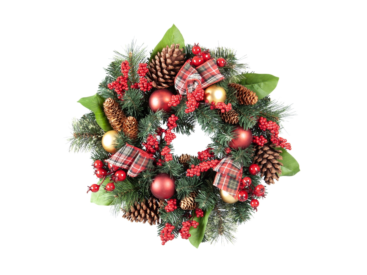 Corona 45cm con pigne, sfere, bacche rosse e nastro scozzese