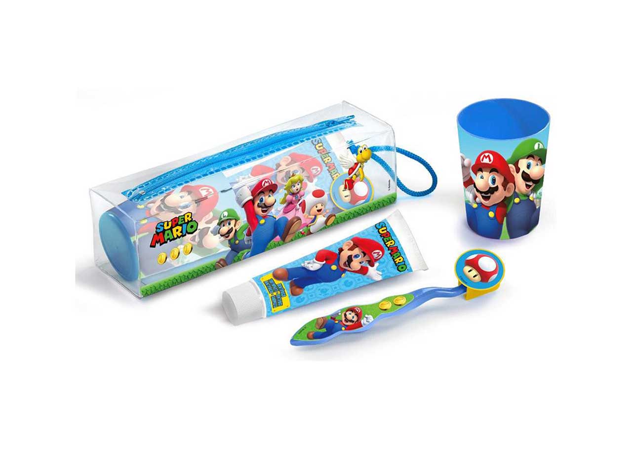 Super mario kit da viaggio con spazzolino, dentifricio e bicchiere