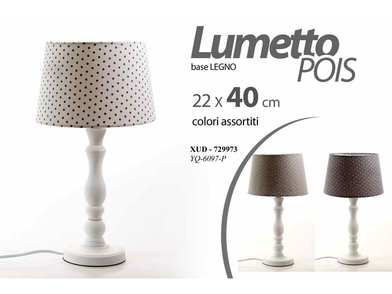 Lume con base in legno e docoro a pois 22x40cm