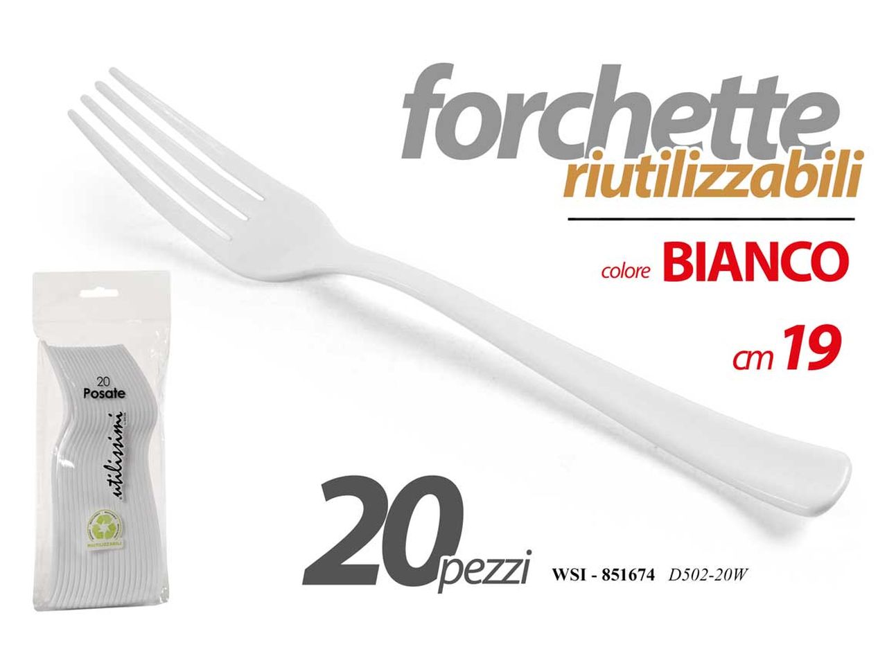 Forchette riutilizzabili in plastica bianca 19cm - la confezione contiene 20 forchette