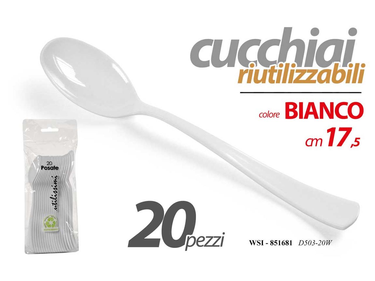 Cucchiai riutilizzabili in plastica bianca 16,5cm - la confezione contiene 20 cucchiai