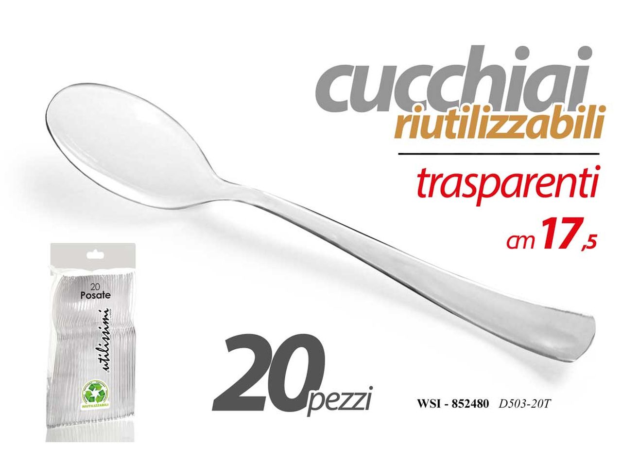 Cucchiai riutilizzabili in plastica trasparente 17,5cm - la confezione contiene 20 cucchiai