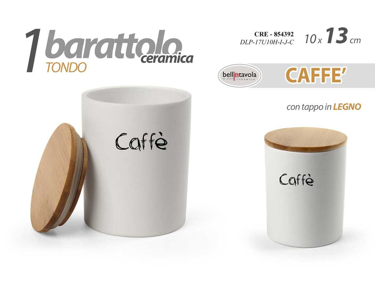 Barattolo caffÃ¨ country in ceramica bianco con coperchio in legno, 13x10 cm - Bellintavola