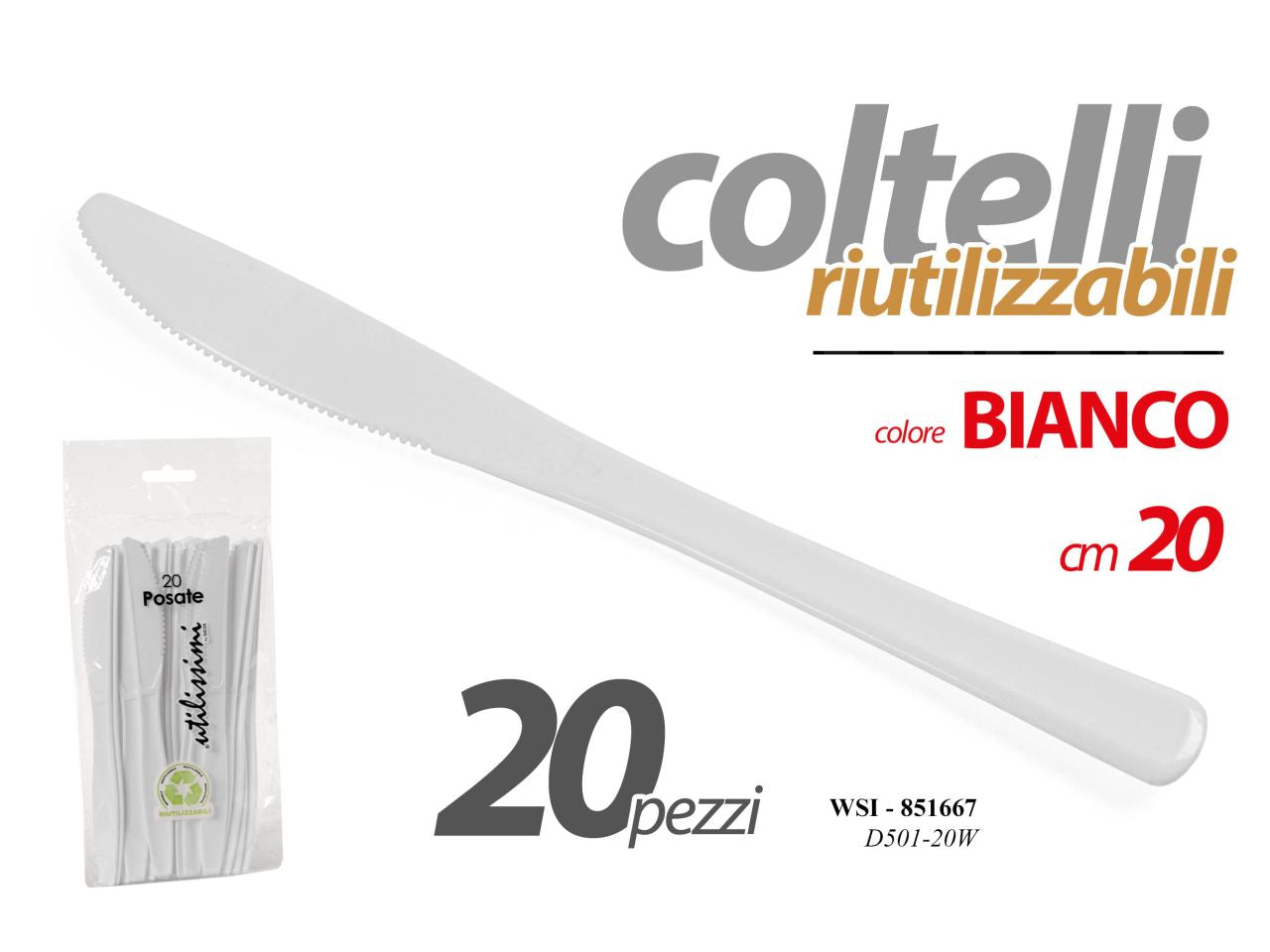 Coltelli riutilizzabili colore bianco misura 20cm - la confezione contiene 20 coltelli
