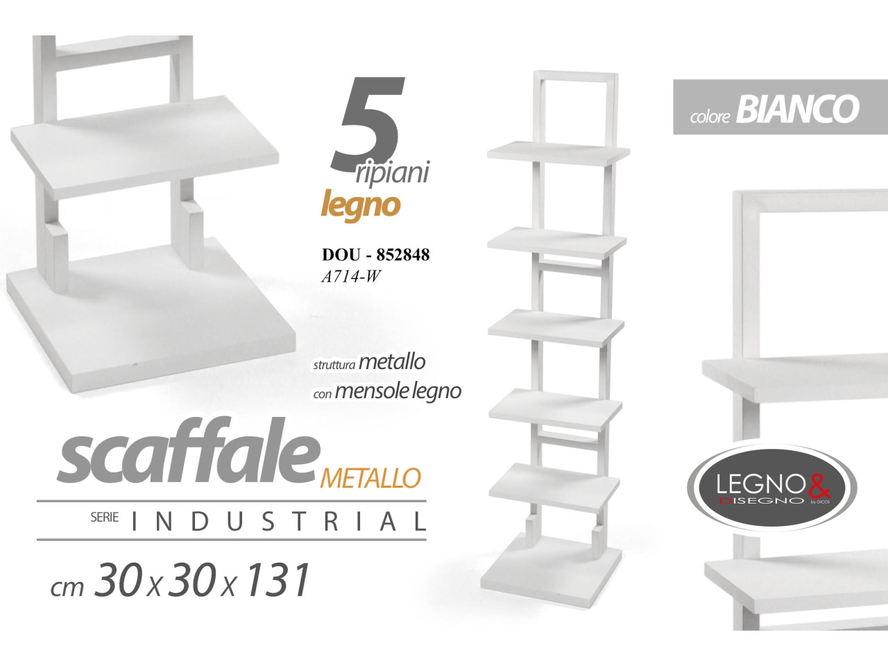 Scaffale colore bianco in stile industrial con struttura in metallo e 5 mensole in legno misura 30x30x131cm
