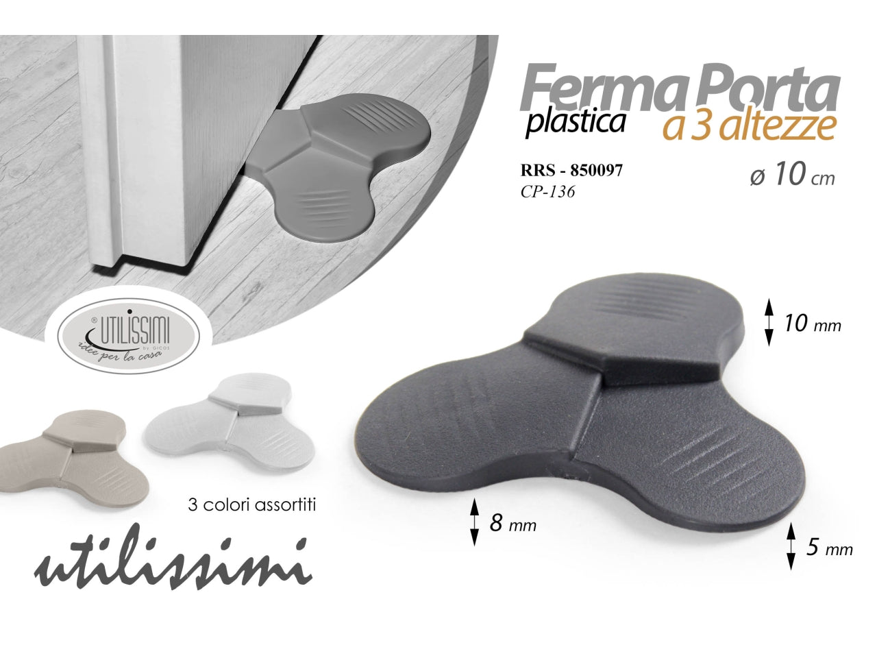 Fermaporta in plastica a 3 altezze, diametro 10cm - disponibile in 3 diversi colori