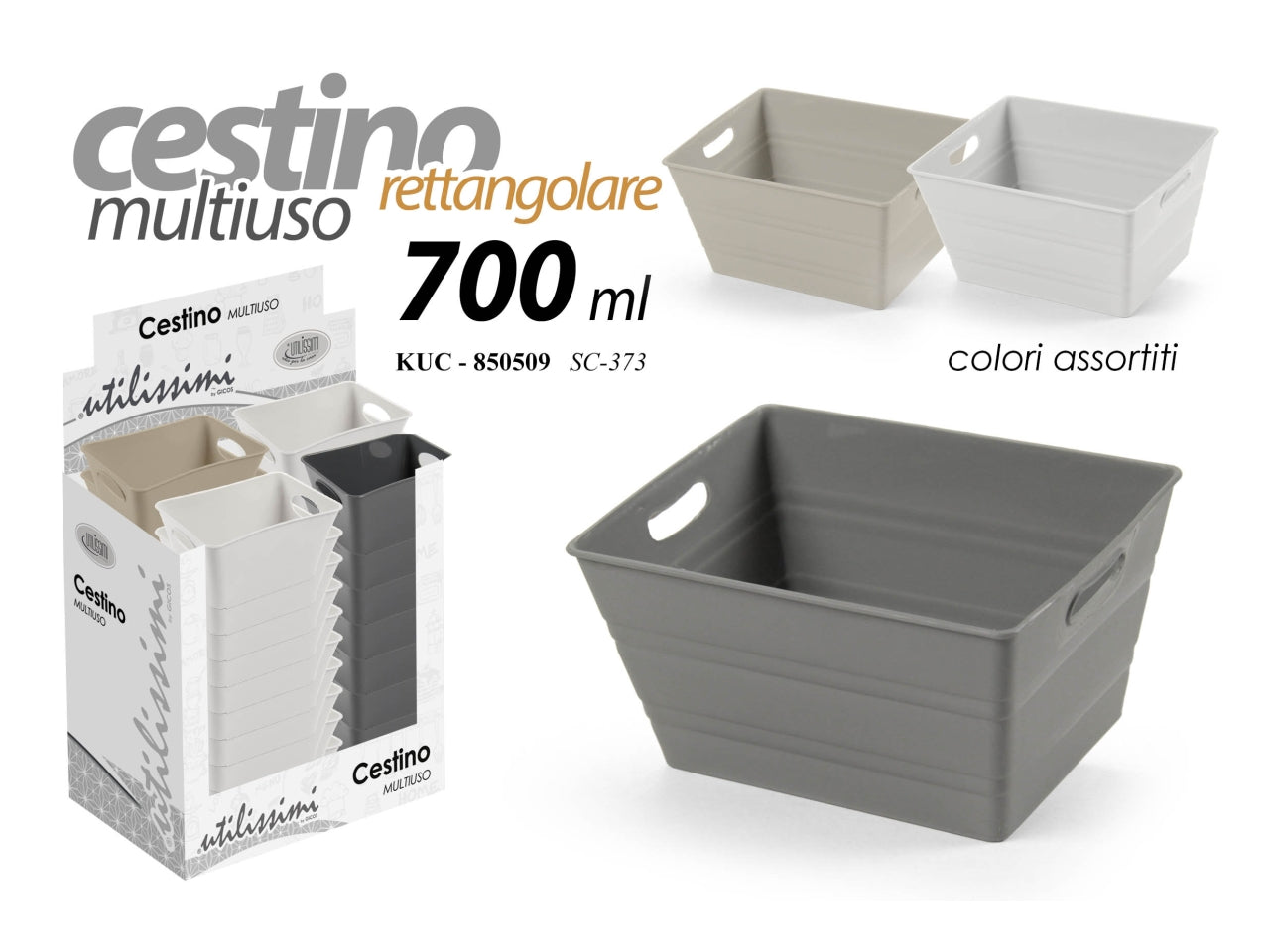 Cestino multiuso rettangolare da 700ml misura 13x10x7cm - disponibile in 3 diversi colori