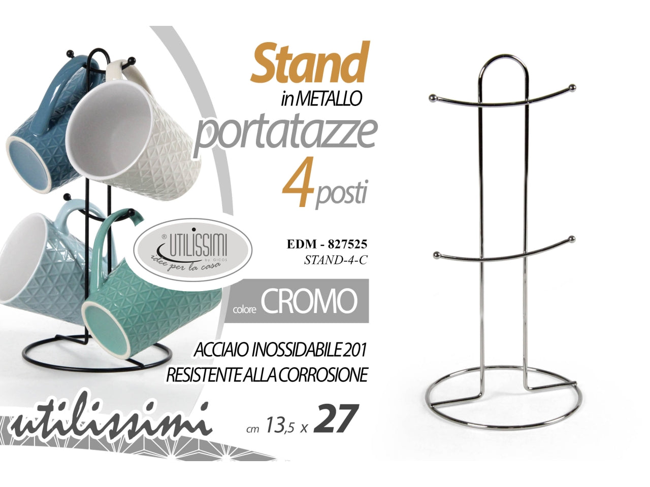 Stand in metallo porta tazze 4 posti in acciaio inossidabile 201 resistente alla corrosione 14x14x28cm