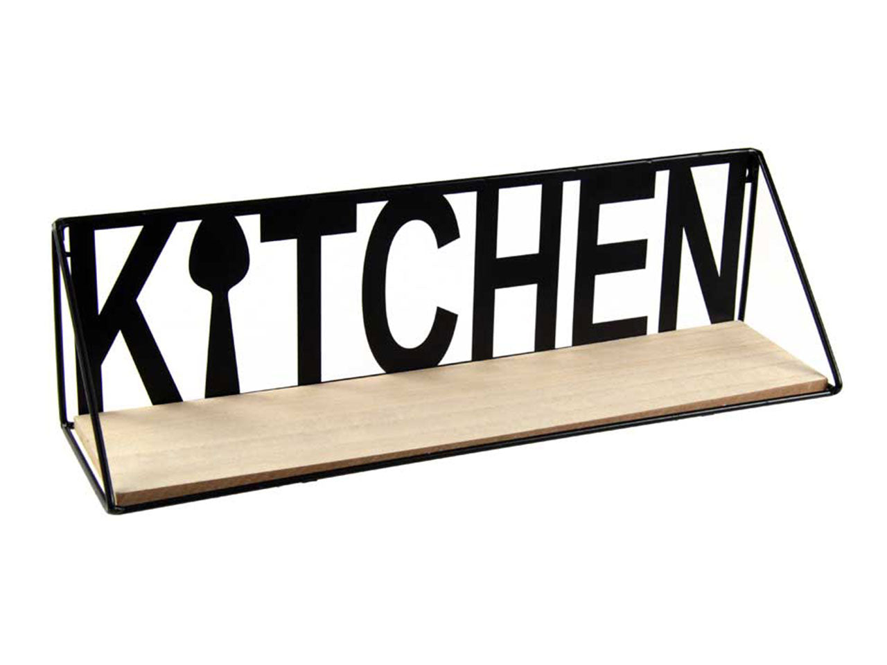 Mensola in metallo e legno, nero e naturale, con scritta kitchen, stile industrial - 50x12x14cm - Gicos