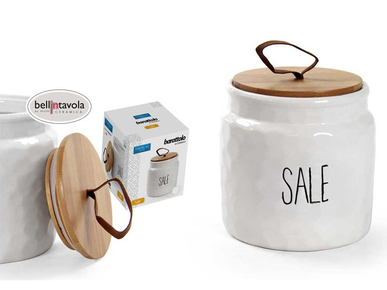 Barattolo sale shabby chic in ceramica e bamboo bianco e naturale 14x14 cm - Passionecasa